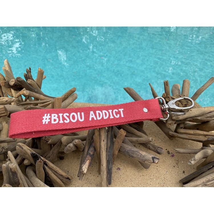 Porte clés Bisou Addict avec sangle coton et mousqueton